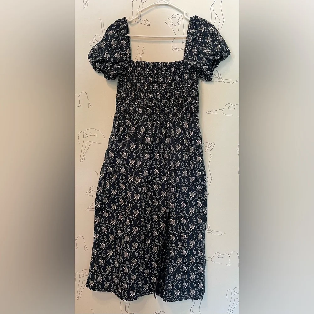 J. Crew Navy Floral Puff-Sleeve Smocked Midi Dress - Picture 1 of 2